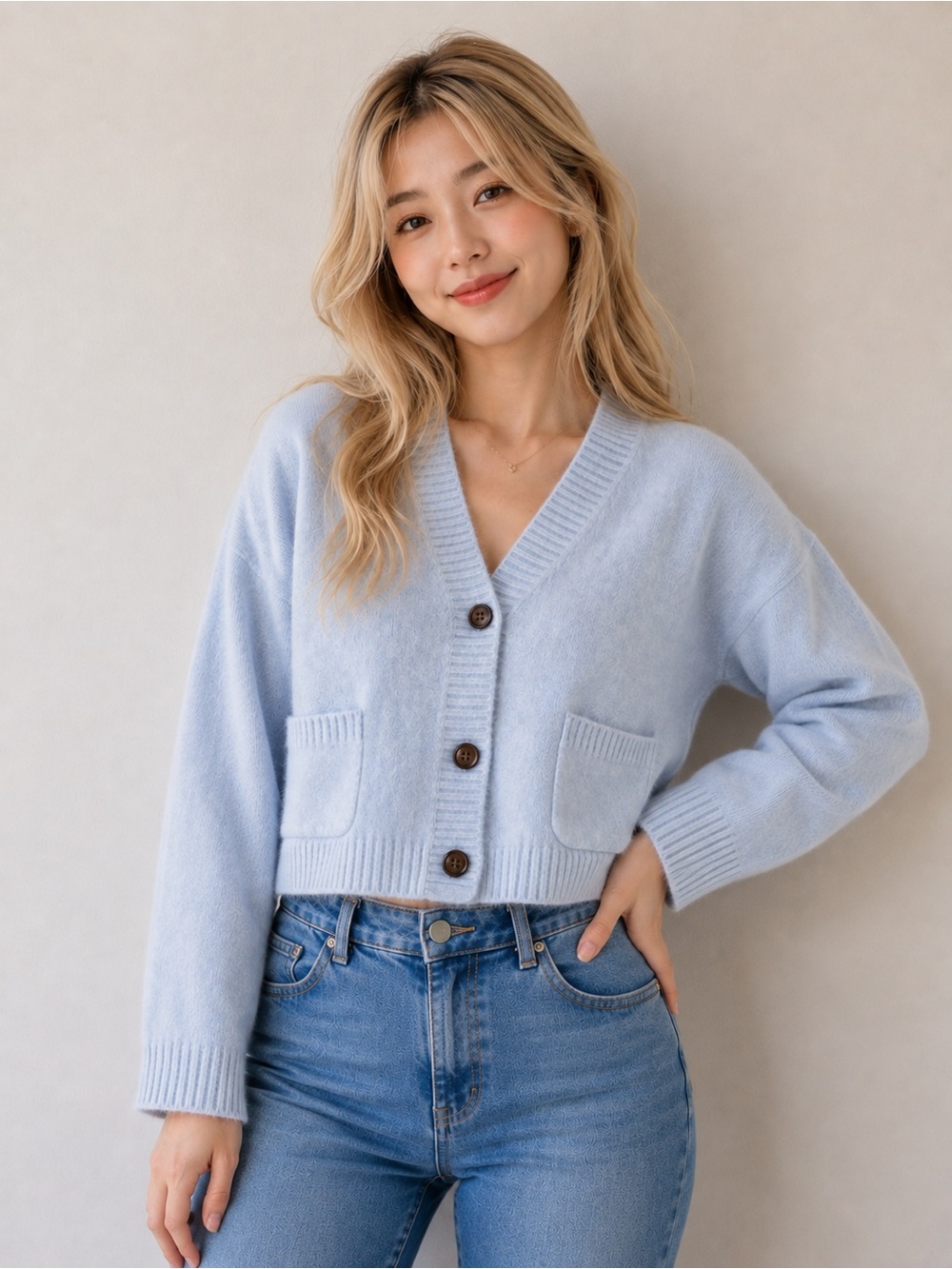 Uniqlo Pale Blue Cropped V-Neck Button Cardigan